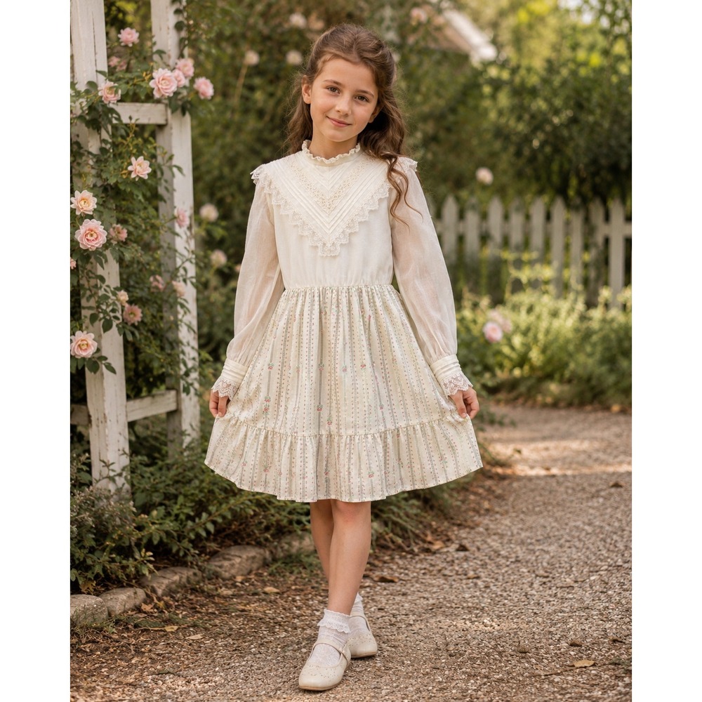Vintage Bonnie Jean Girls Floral Lace Sailor Collar Dress Victorian Cottagecore